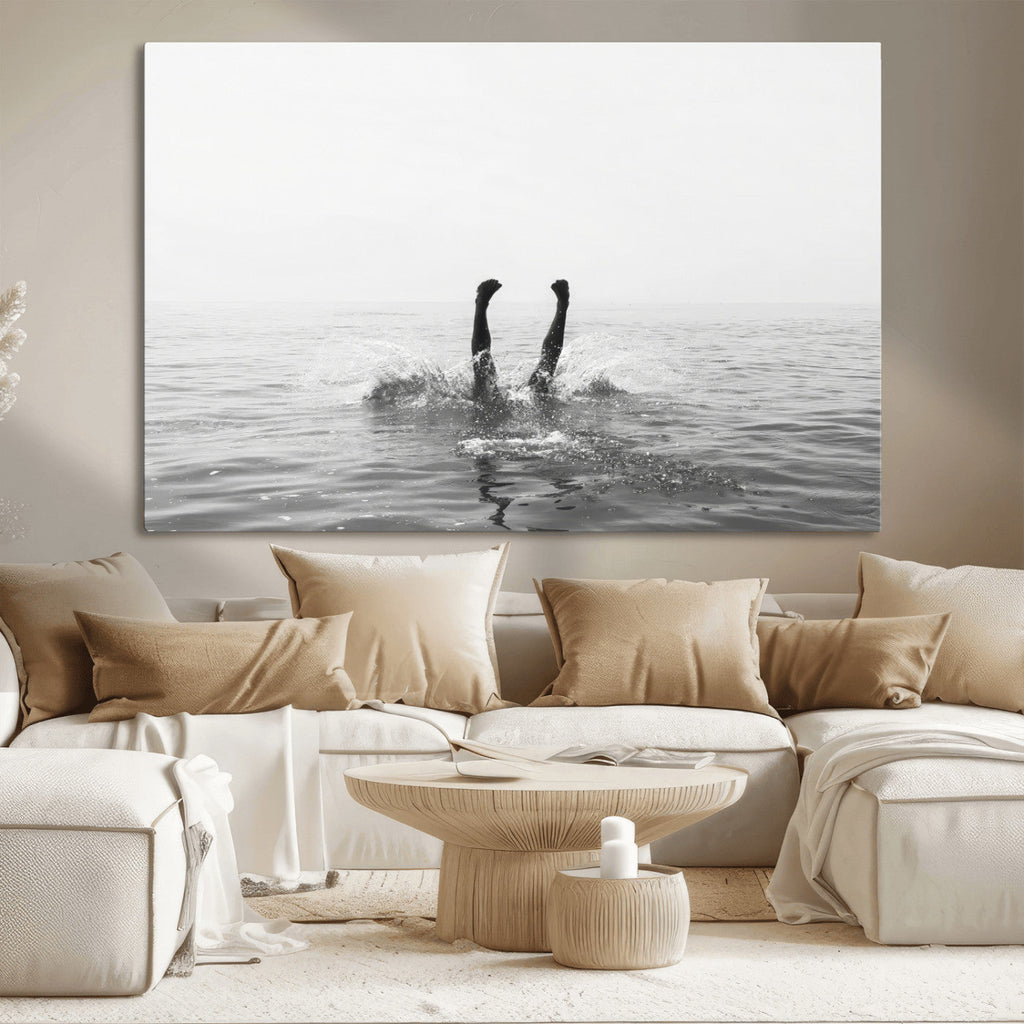 Black White Ocean Wall Art Canvas Print, Framed Monochrome Diving into Water Artwork