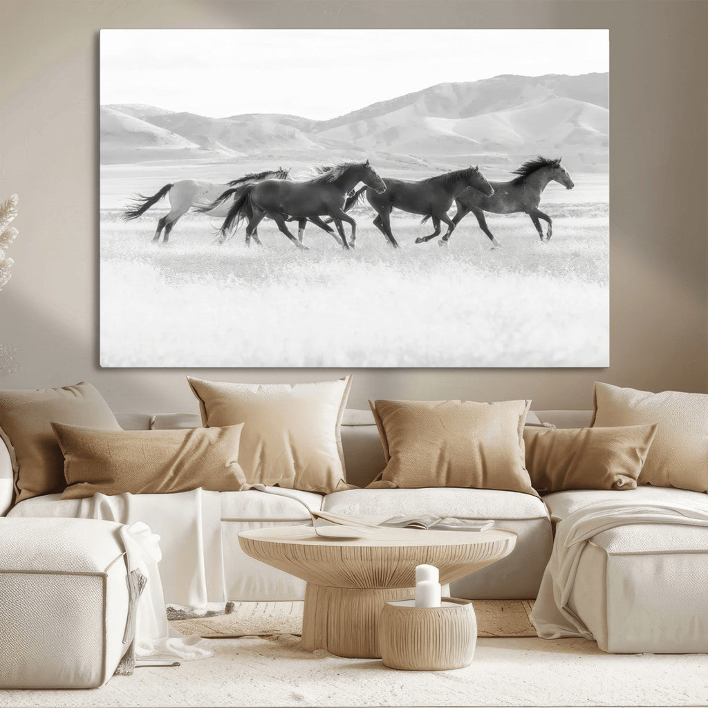 Wild Horses Running Wall Art Canvas Print, Framed Black White Mustangs Artwork