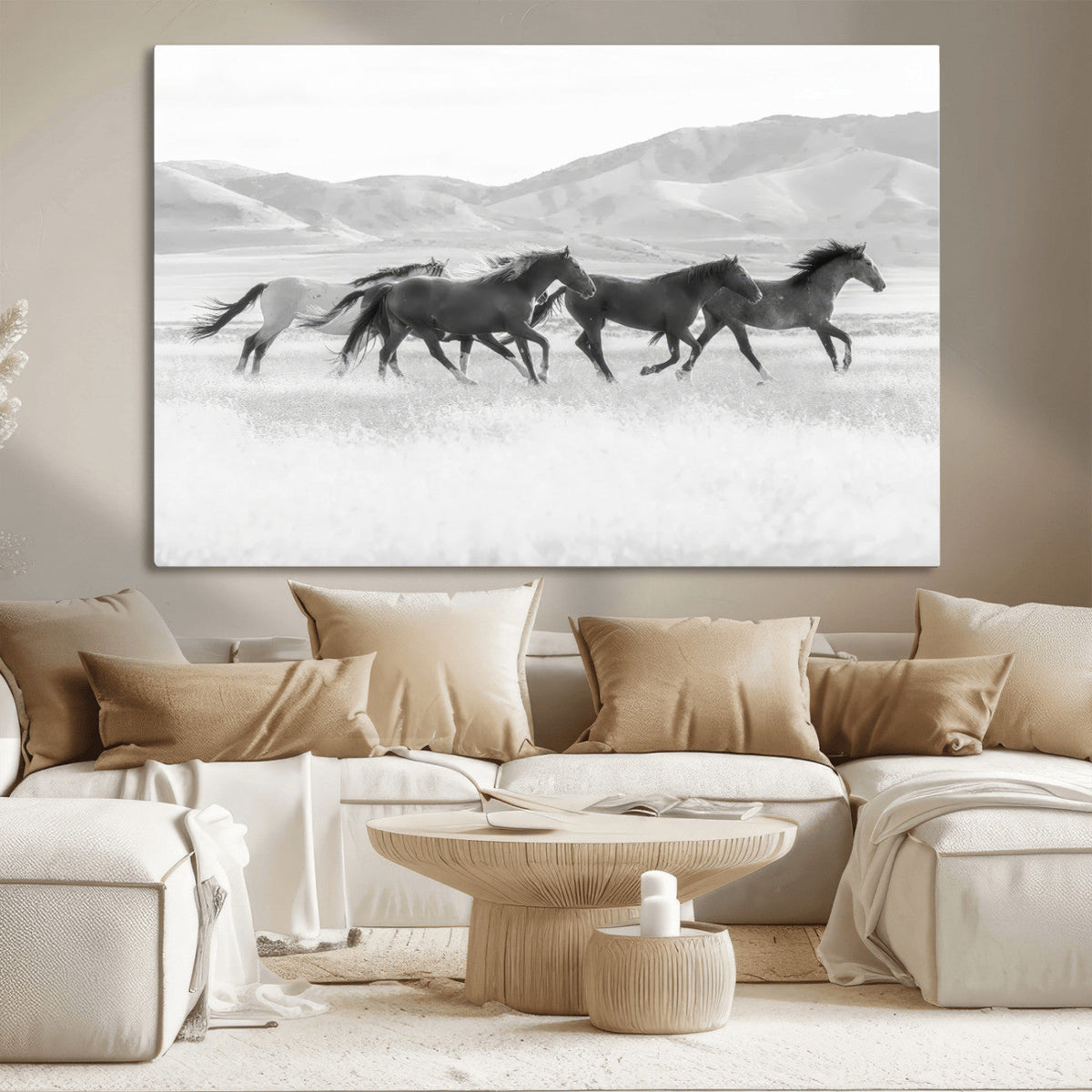 Wild Horses Running Wall Art Canvas Print, Framed Black White Mustangs Artwork