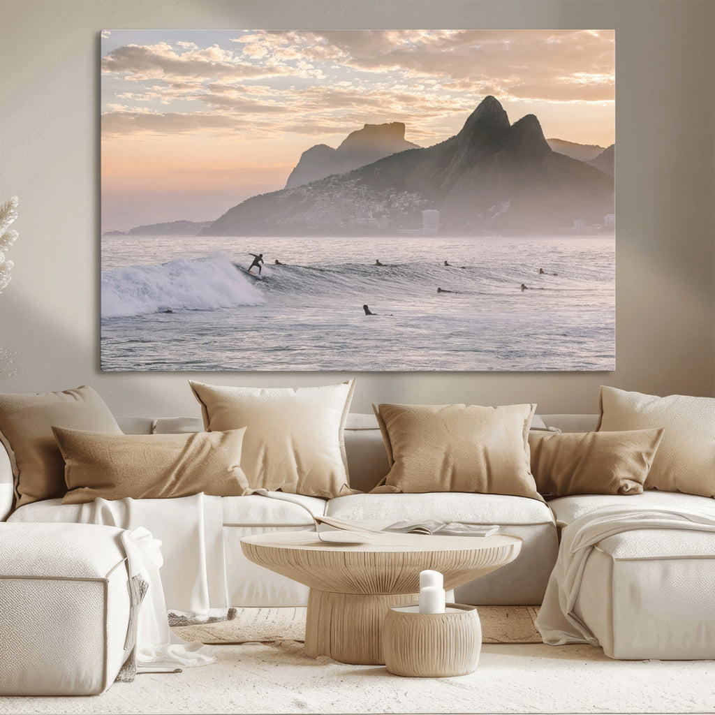 Sunset Surfing Wall Art Canvas Print, Framed Misty Mountains and Surfer Riding a Wave