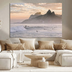 Sunset Surfing Wall Art Canvas Print, Framed Misty Mountains and Surfer Riding a Wave