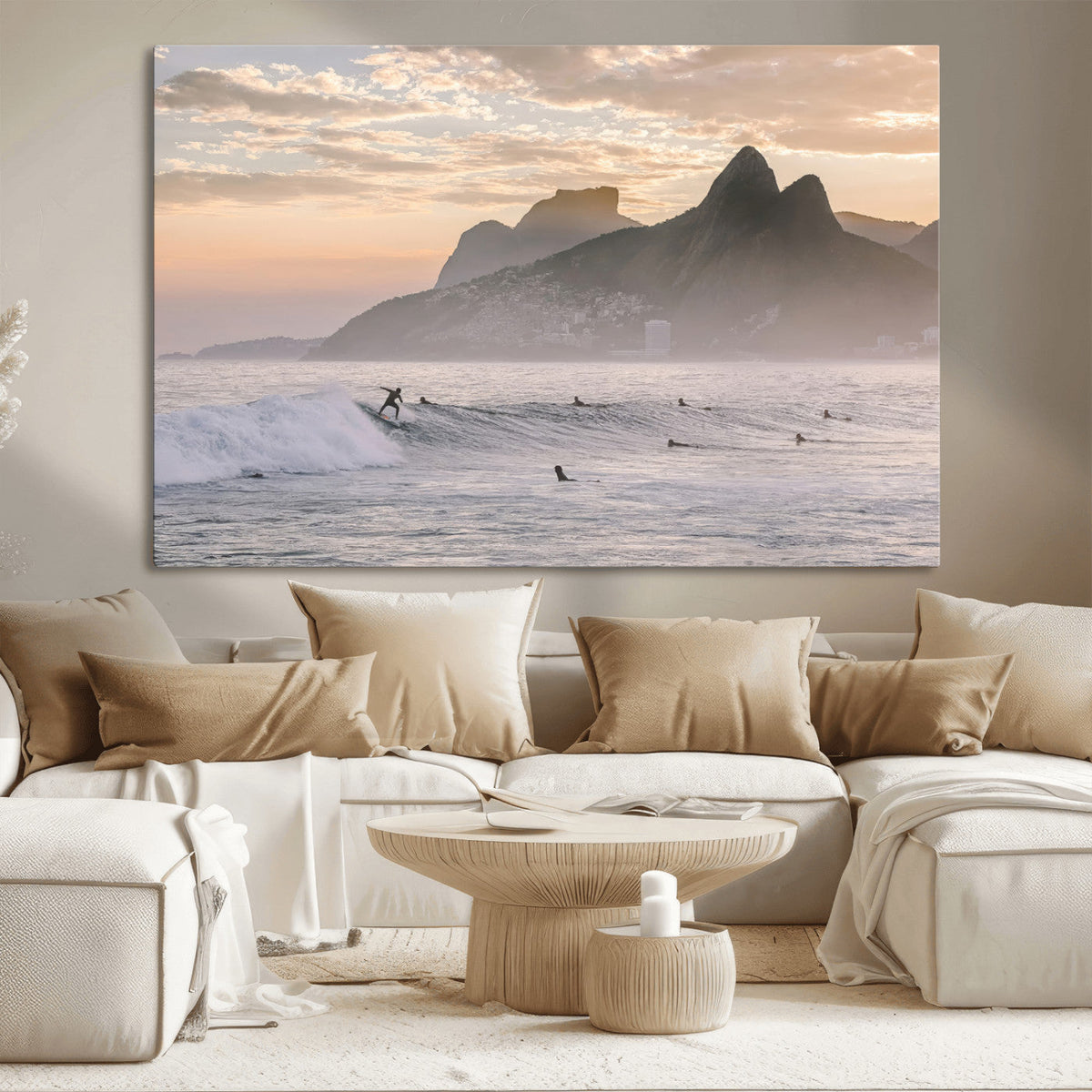 Sunset Surfing Wall Art Canvas Print, Framed Misty Mountains and Surfer Riding a Wave