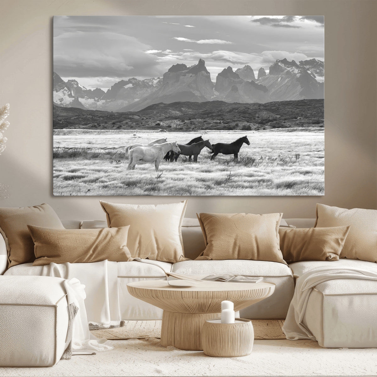 Wild Horses Wall Art | Framed Black White Mountain Canvas