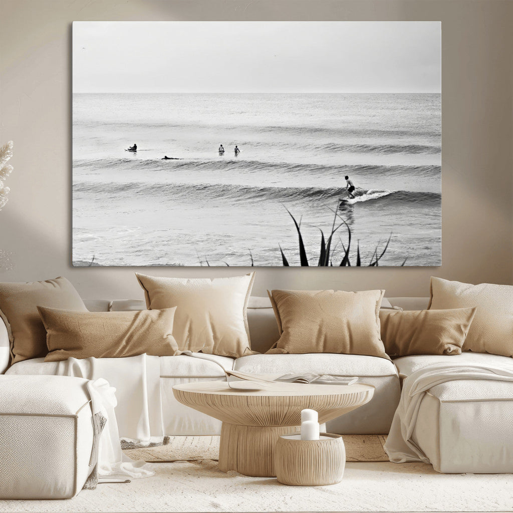 Surfer Silhouette Wall Art, Framed Calm Ocean Monochrome Surf Canvas Print