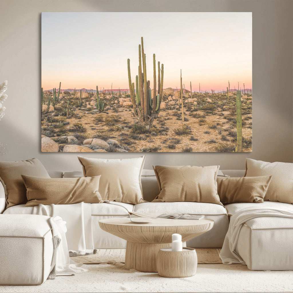 Desert Cactus Wall Art Canvas Print, Framed Baja Desert Art, Pastel Southwestern Decor