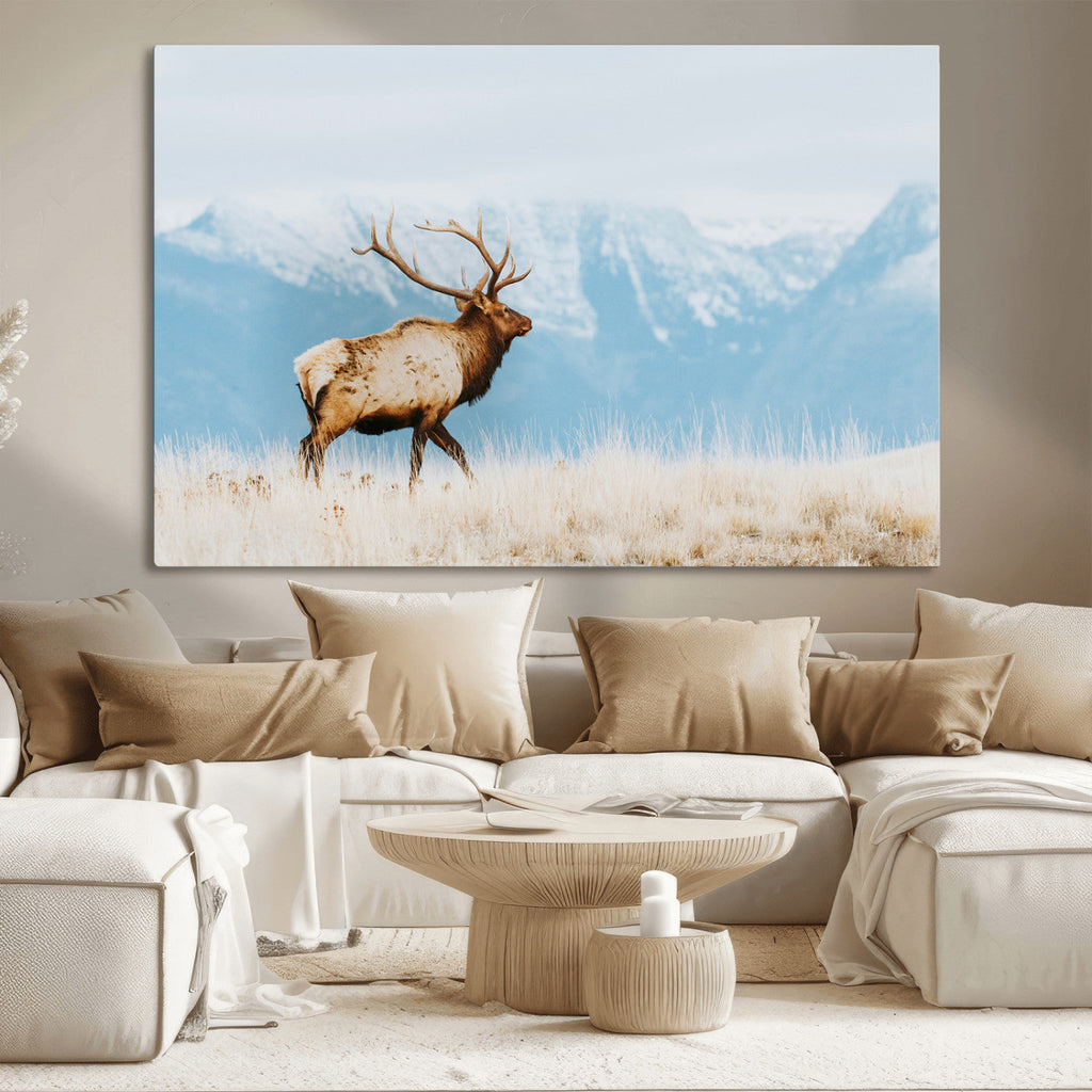 Mountain Elk Wall Art Canvas Print, Framed Rustic Wildlife Art, Lodge Style Decor