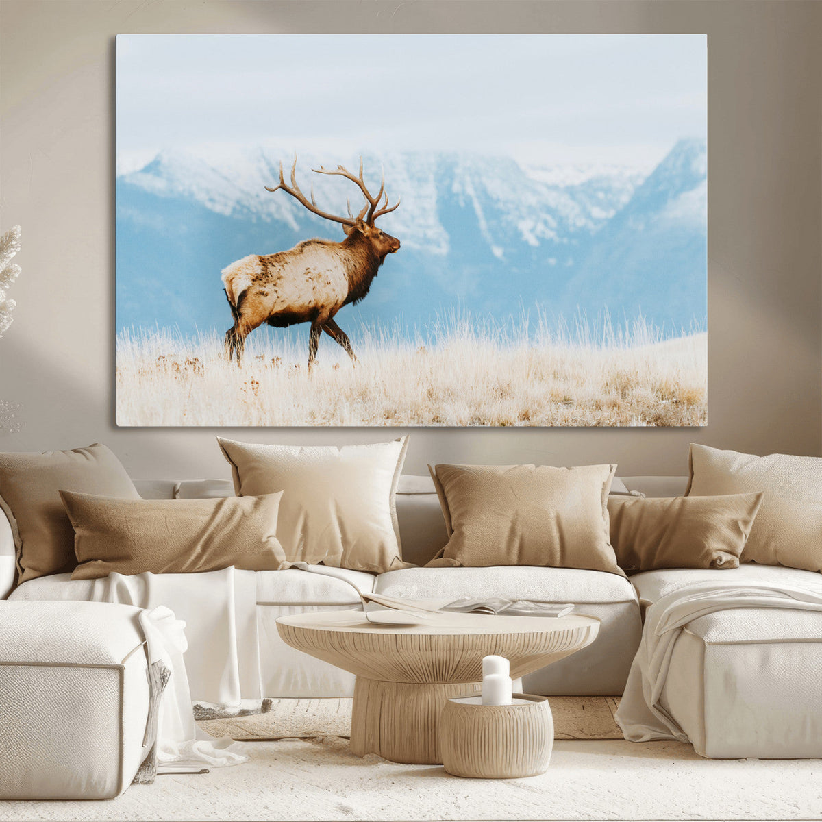 Mountain Elk Wall Art Canvas Print, Framed Rustic Wildlife Art, Lodge Style Decor