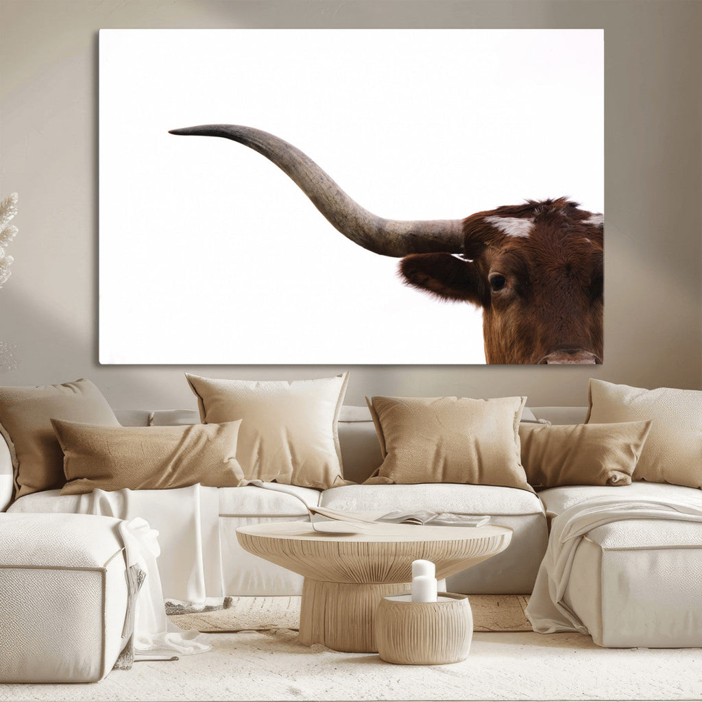 Texas Longhorn Wall Art Canvas Print, Framed Minimalist Cow Art, Ranch Style Decor
