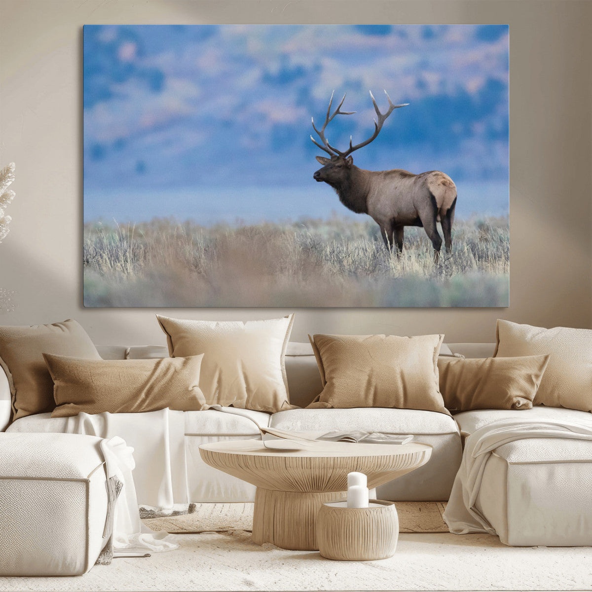 Elk Wall Decor Canvas Print, Framed Rustic Wildlife Art, Mountain Elk Landscape