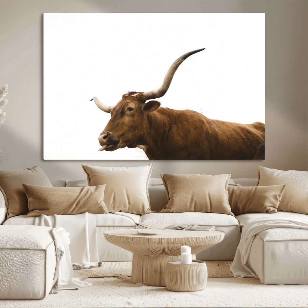 Longhorn Cow Wall Art Canvas Print, Framed Rustic Texas Bull Animal Decor