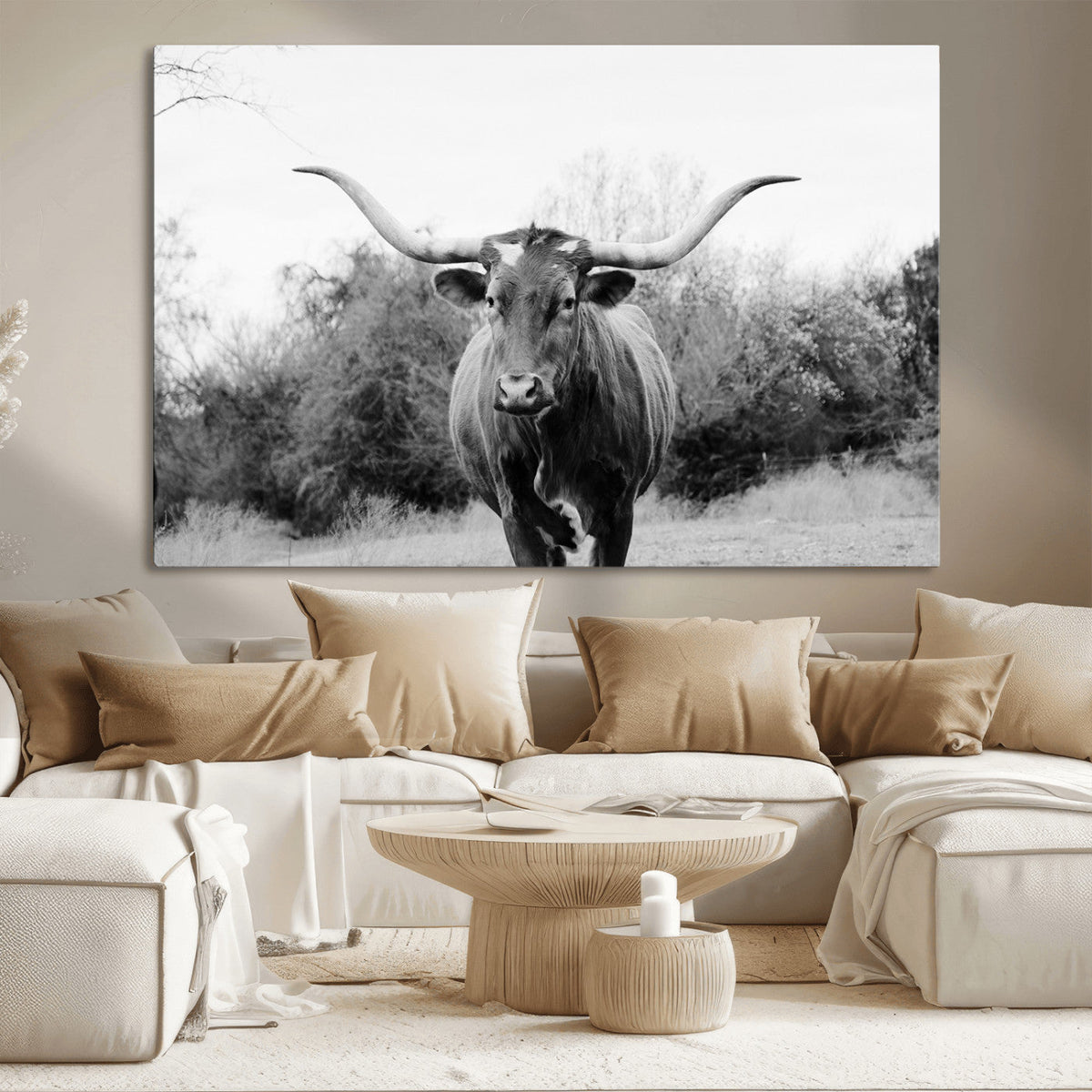 Longhorn Photography Wall Art Canvas Print, Framed Western Cow Texas Ranch Decor