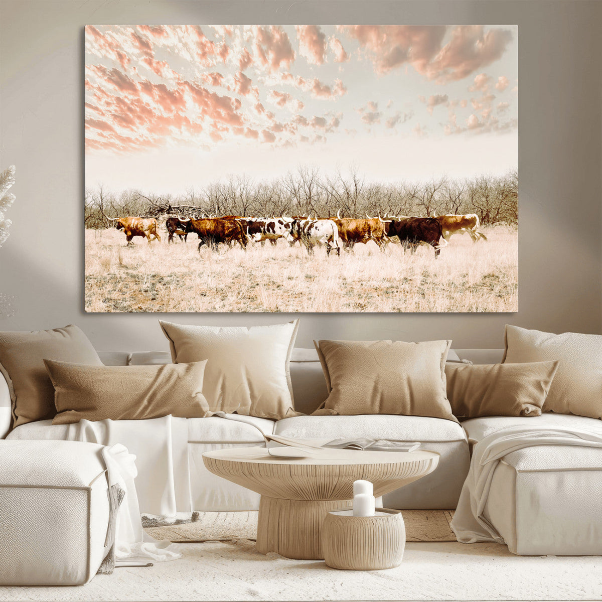 Country Cow Herd Wall Art Canvas Print, Framed Farmhouse Cattle Scene, Rustic Ranch Decor