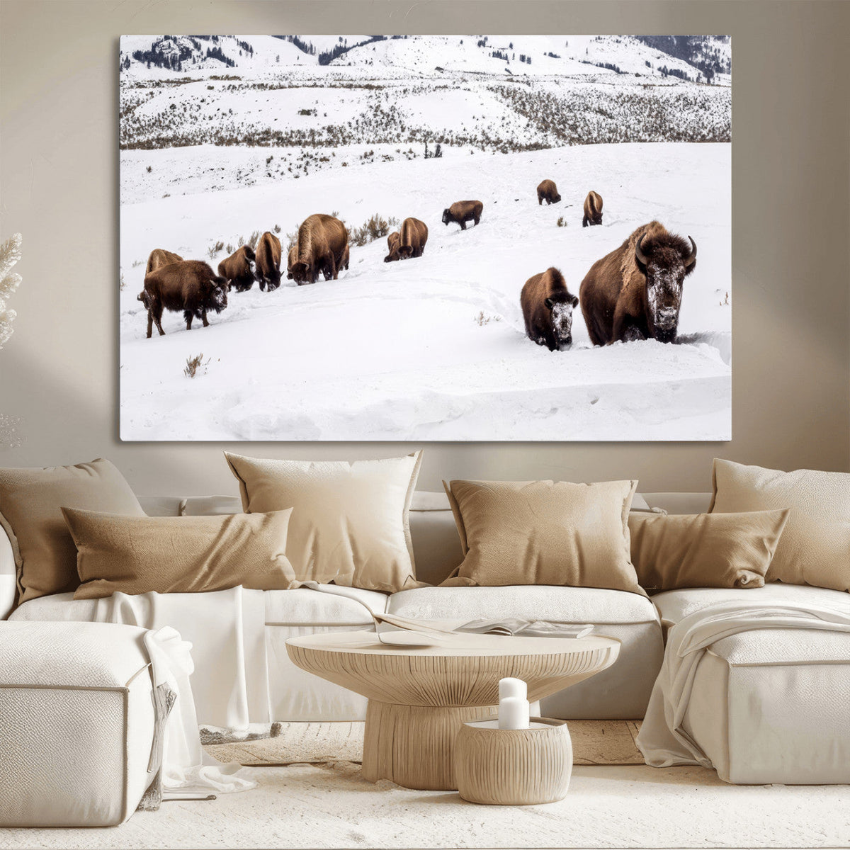 Bison Herd Wall Art Canvas Print, Framed Western Wildlife Decor, Snowy Mountain Valley