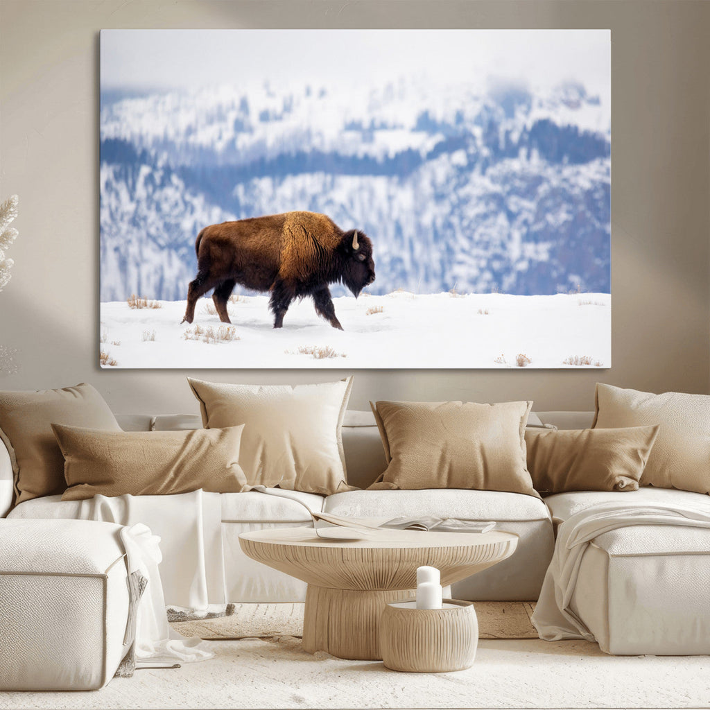Bison Snow Wall Art Canvas Print, Framed Wildlife Scene, Western Ranch Style Decor