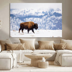 Bison Snow Wall Art Canvas Print, Framed Wildlife Scene, Western Ranch Style Decor