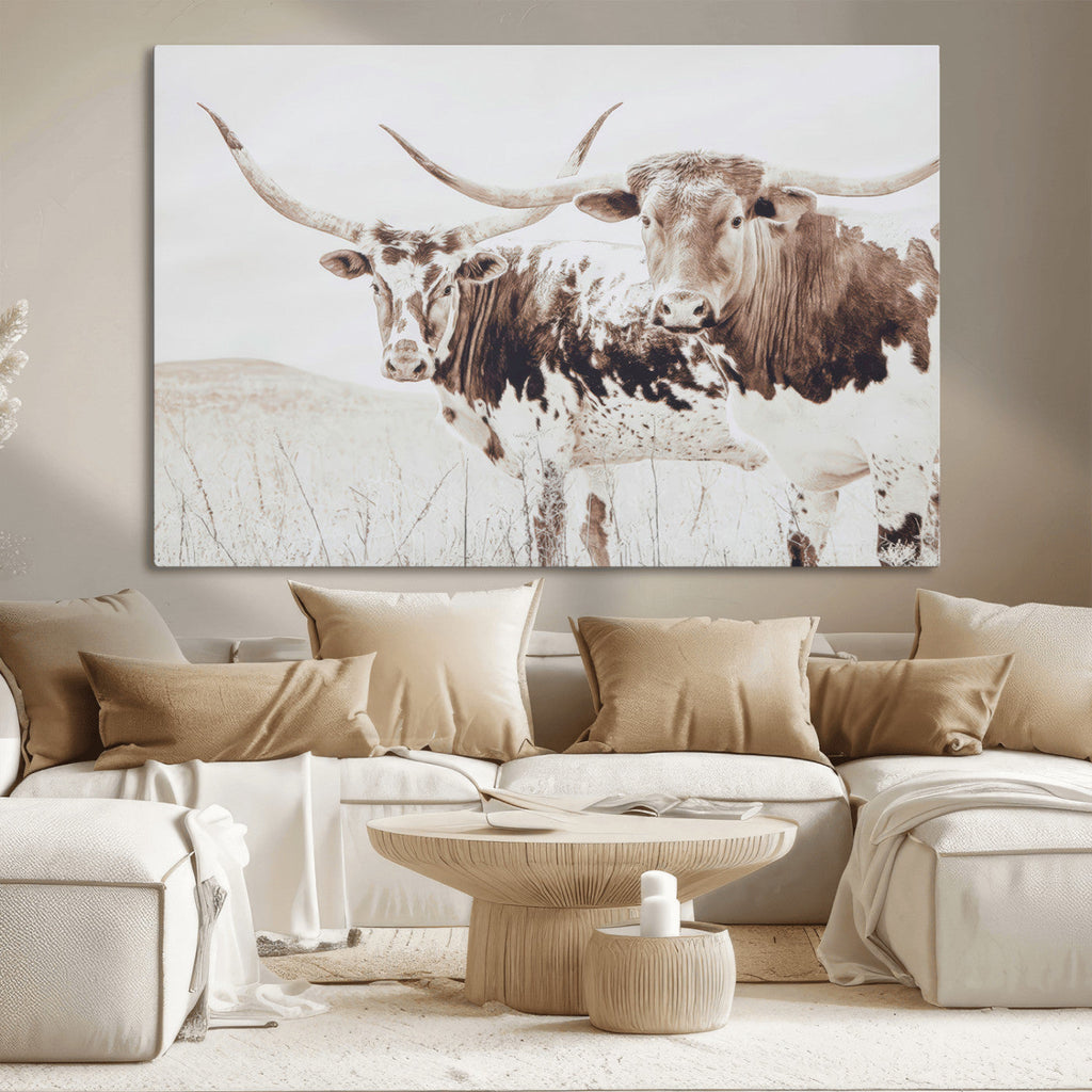 Longhorn Cow Wall Art Canvas Print, Framed Rustic Cattle Art, Sepia Western Decor