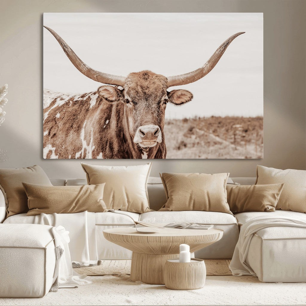 Longhorn Bull Wall Art Canvas Print, Framed Rustic Cow Decor, Neutral Farmhouse Style
