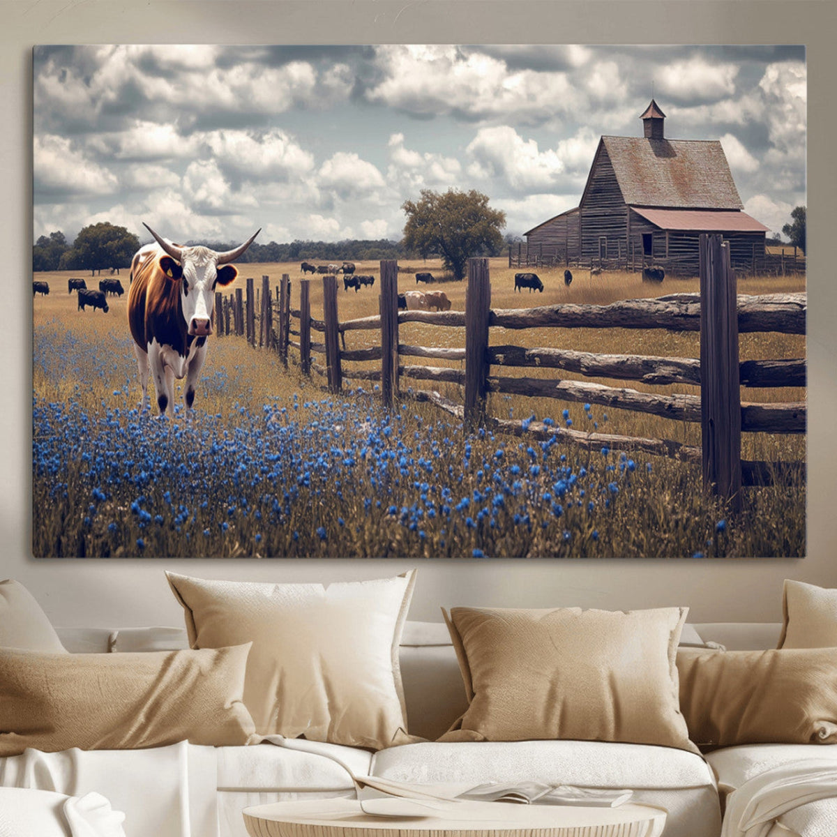 Texas Longhorn Canvas Wall Art Print, Framed Rustic Barn Farmhouse Decor