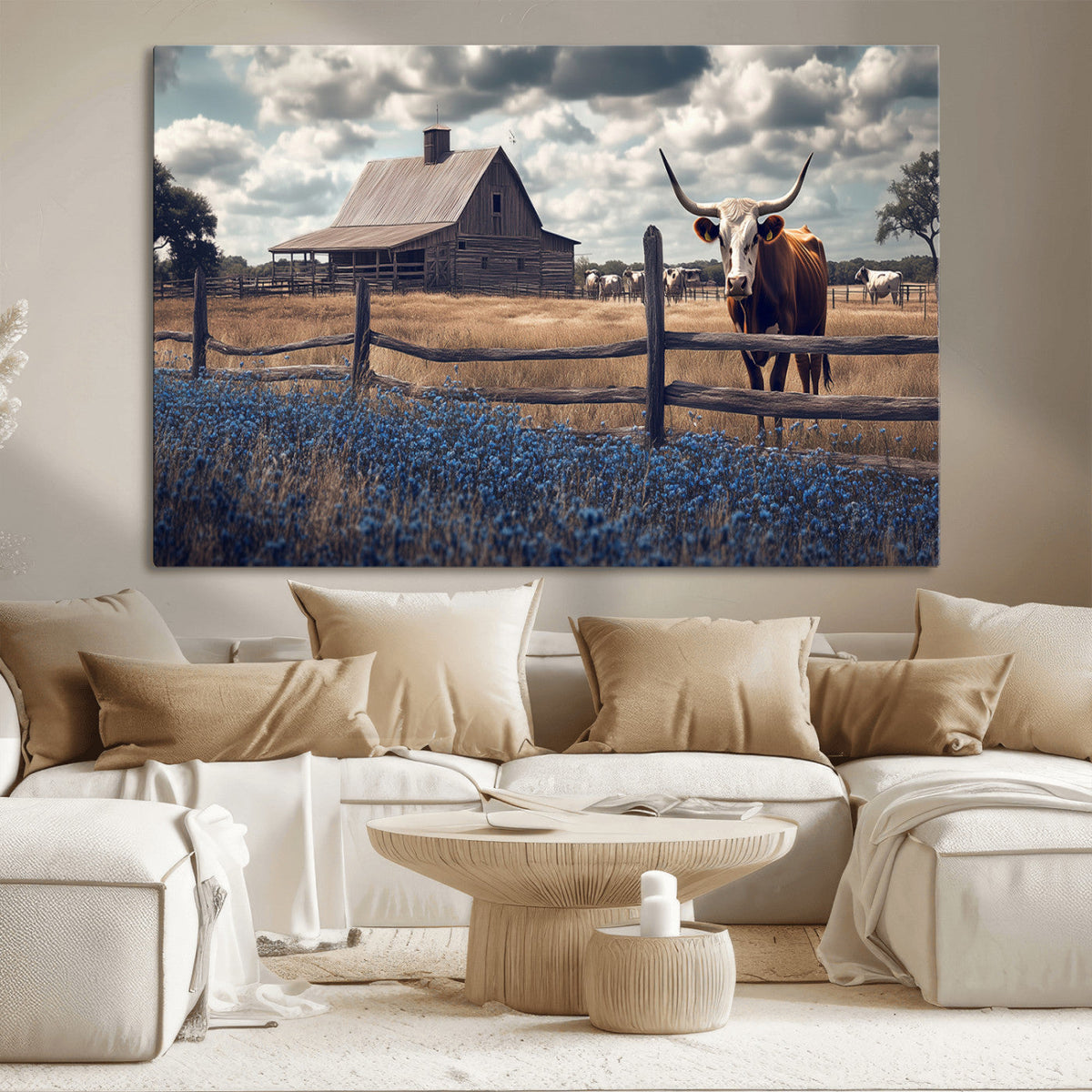 Texas Longhorn Wall Art Canvas Print, Framed Rustic Barn Art, Farmhouse Cow Decor