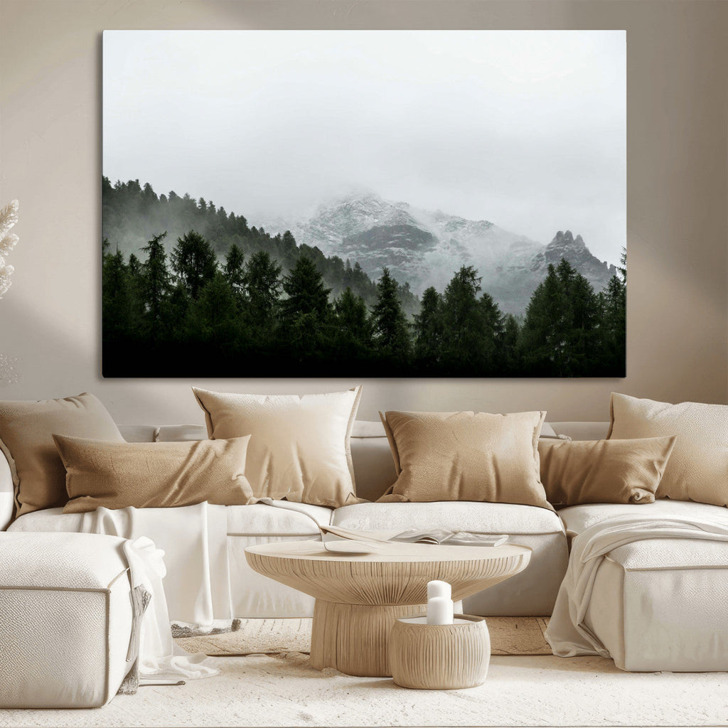 Misty Mountains Wall Art Canvas Print, Framed Foggy Forest Art, Snowy Peaks Landscape