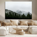 Misty Mountains Wall Art Canvas Print, Framed Foggy Forest Art, Snowy Peaks Landscape