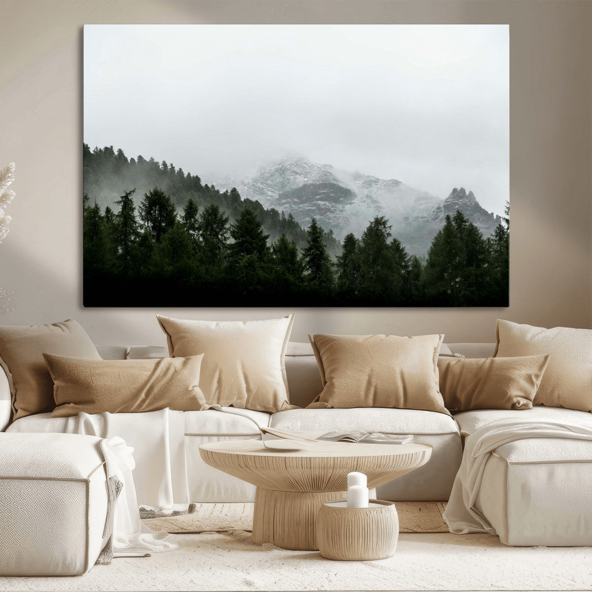 Misty Mountains Wall Art Canvas Print, Framed Foggy Forest Art, Snowy Peaks Landscape