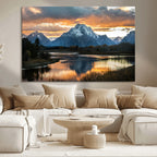 Mountain Sunset Wall Art Canvas Print, Framed Alpine Wilderness Art, Golden Hour Lake