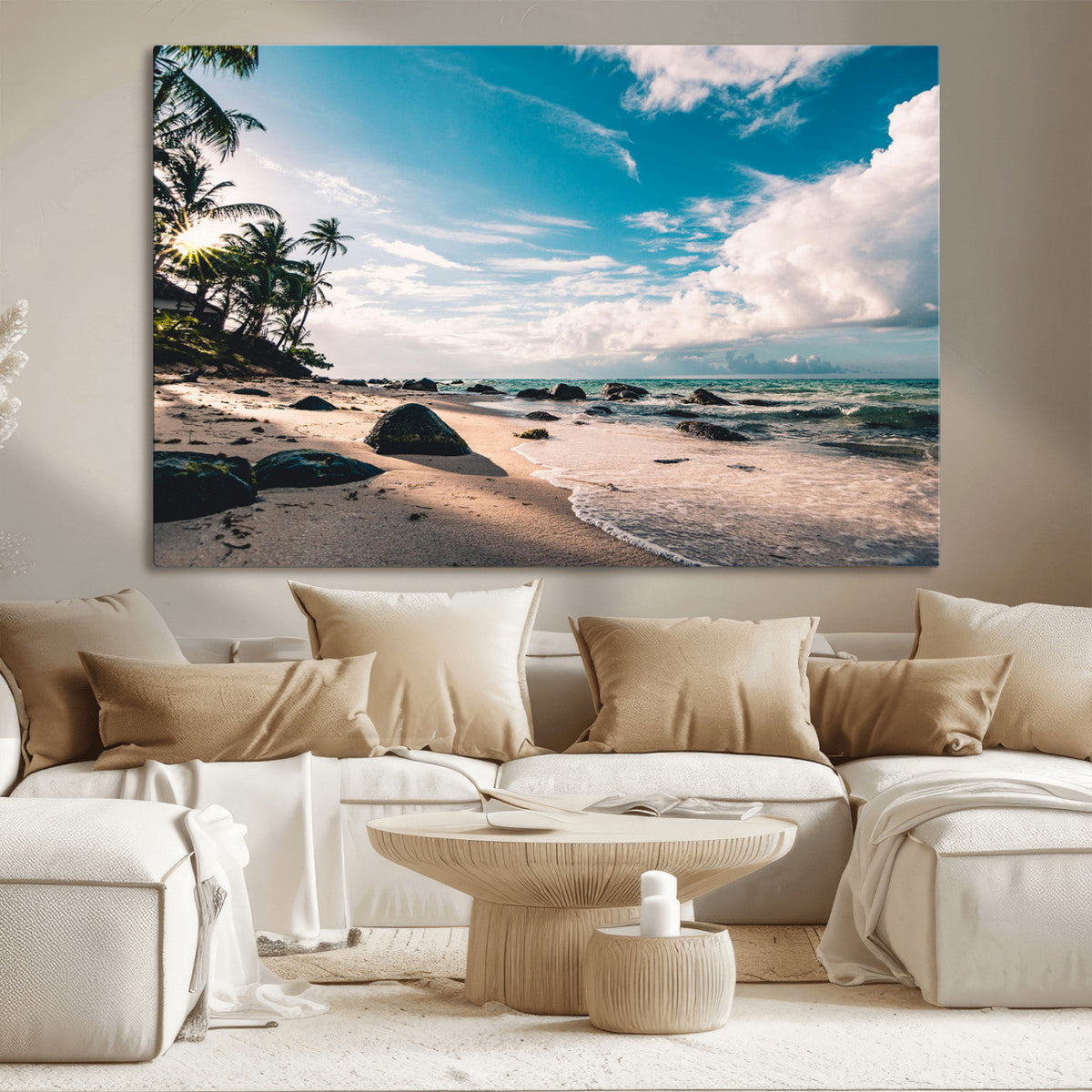 Tropical Beach Wall Art Canvas Print, Framed Ocean Waves Relaxing Seascape