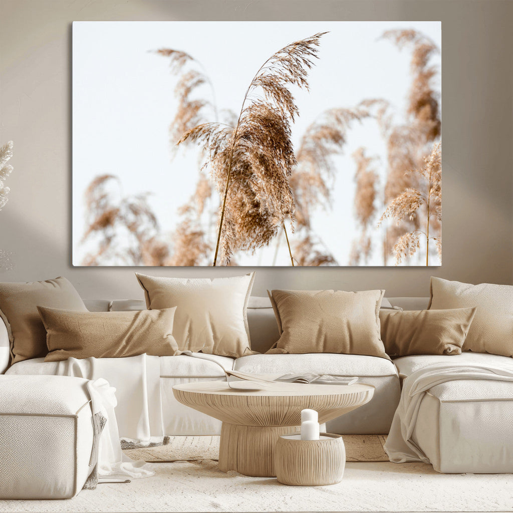Pampas Grass Wall Art Canvas Print, Framed Neutral Tones Minimalist Boho