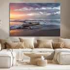 Golden Hour Wall Art Canvas Print, Framed Tranquil Waves Beach Sunset
