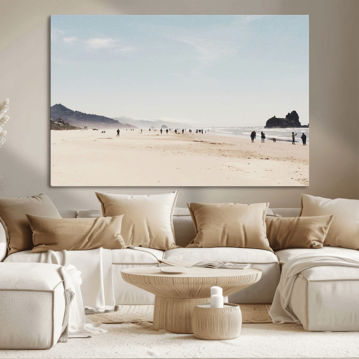 Minimalist Beach Wall Art Canvas Print, Framed Coastal Serenity Soft Sand