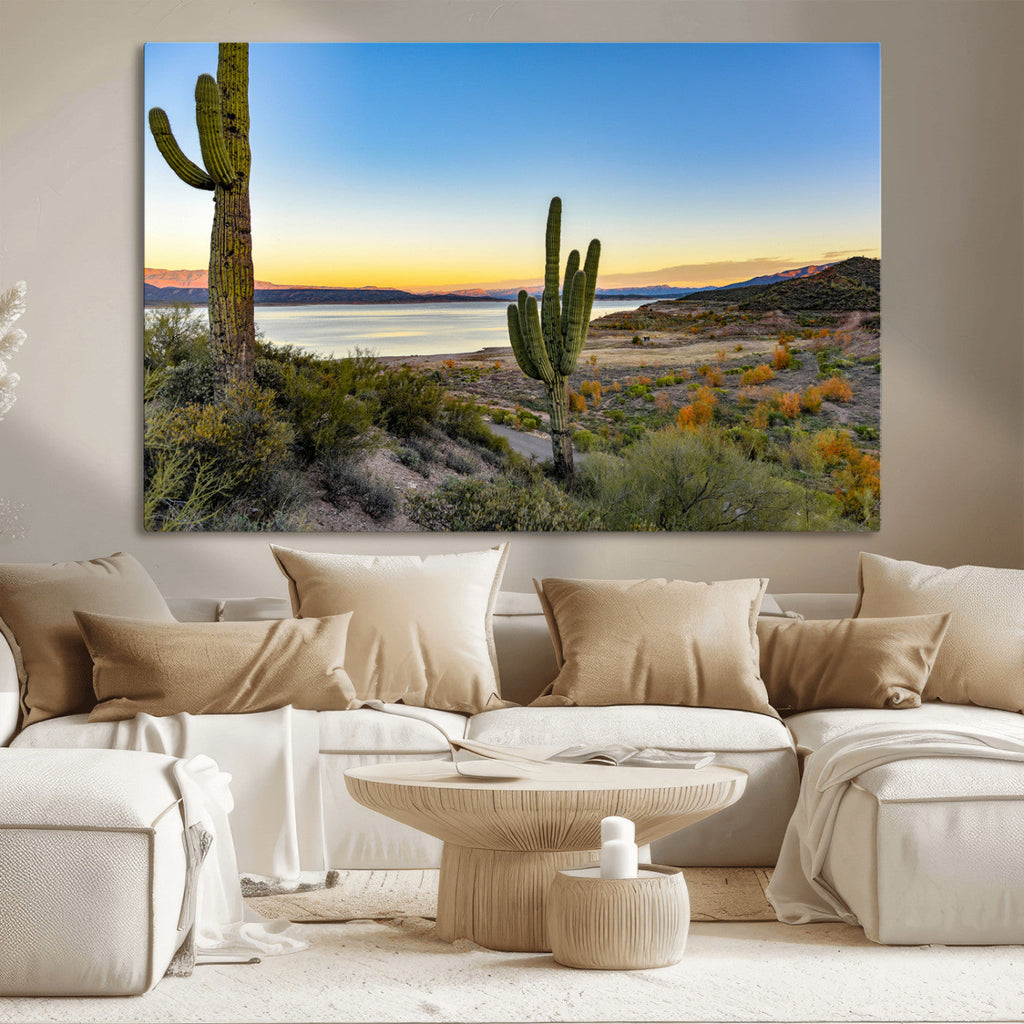 Saguaro Cactus Wall Art Canvas Print, Framed Desert Sunset Southwestern