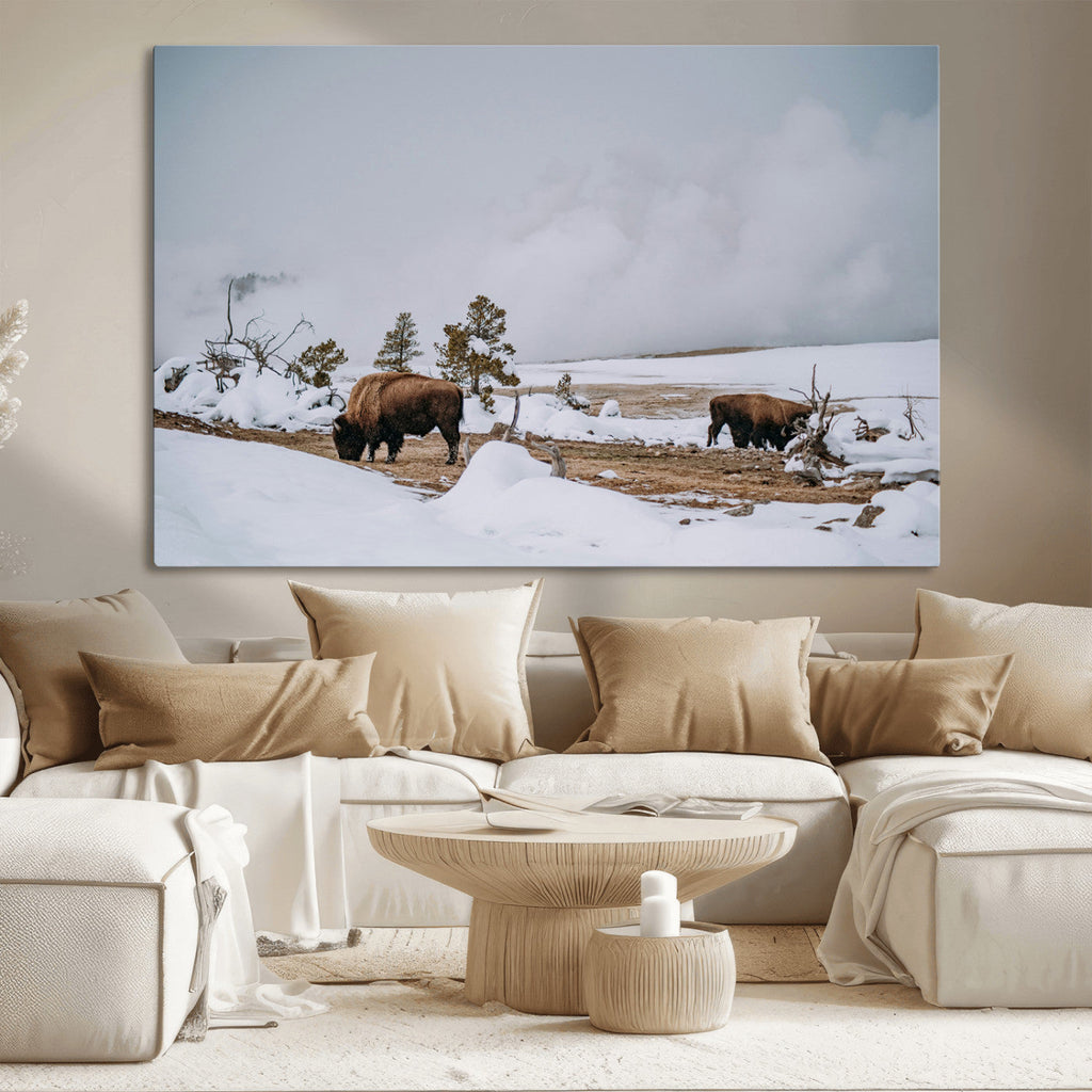 Bison Wildlife Wall Art Canvas Print, Framed Snowy Prairie Art, Western Landscape Decor