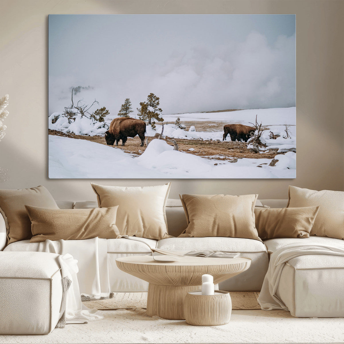 Bison Wildlife Wall Art Canvas Print, Framed Snowy Prairie Art, Western Landscape Decor