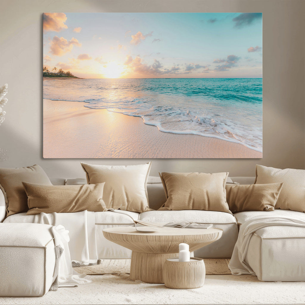 Beach Sunset Wall Art Canvas Print, Framed Ocean Waves Summer Escape