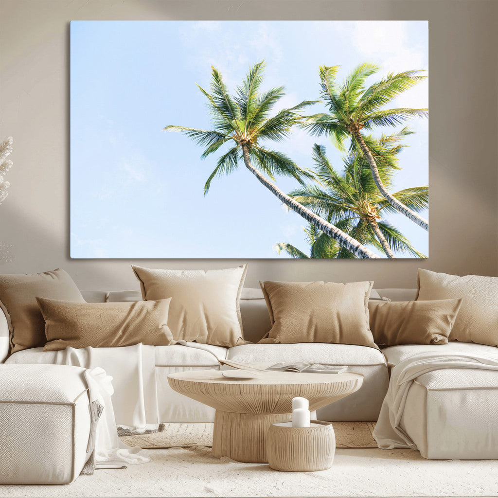 Palm Trees Wall Art Canvas Print, Framed Tropical Coastal Scene Under Blue Sky