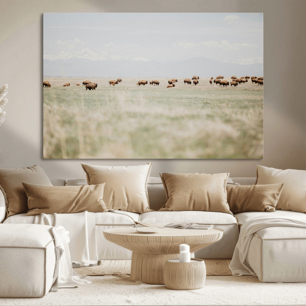Bison Herd Wall Art Canvas Print, Framed Western Ranch Nature Scene