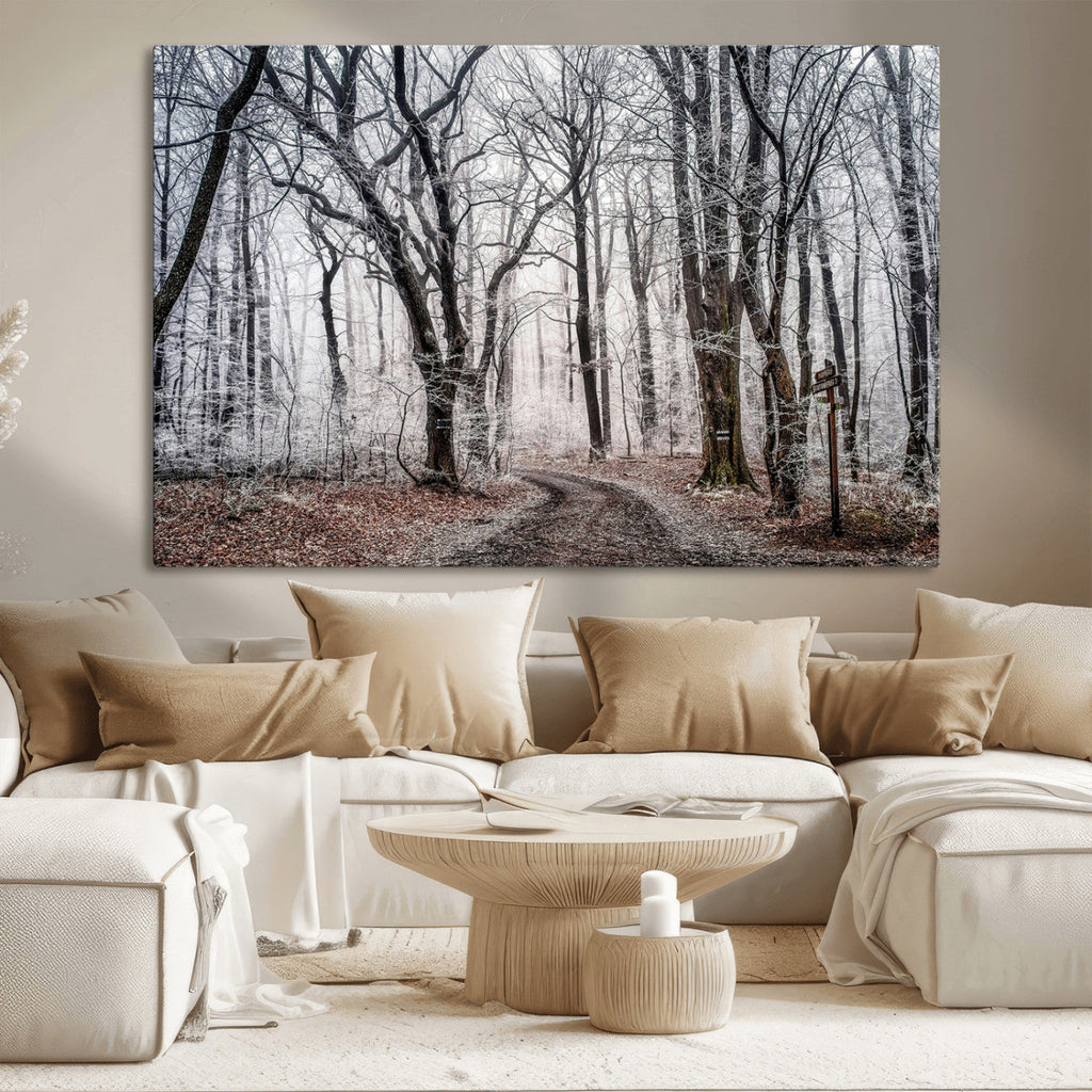 Winter Forest Wall Art Canvas Print, Framed Frosty Woodland with Misty Trees