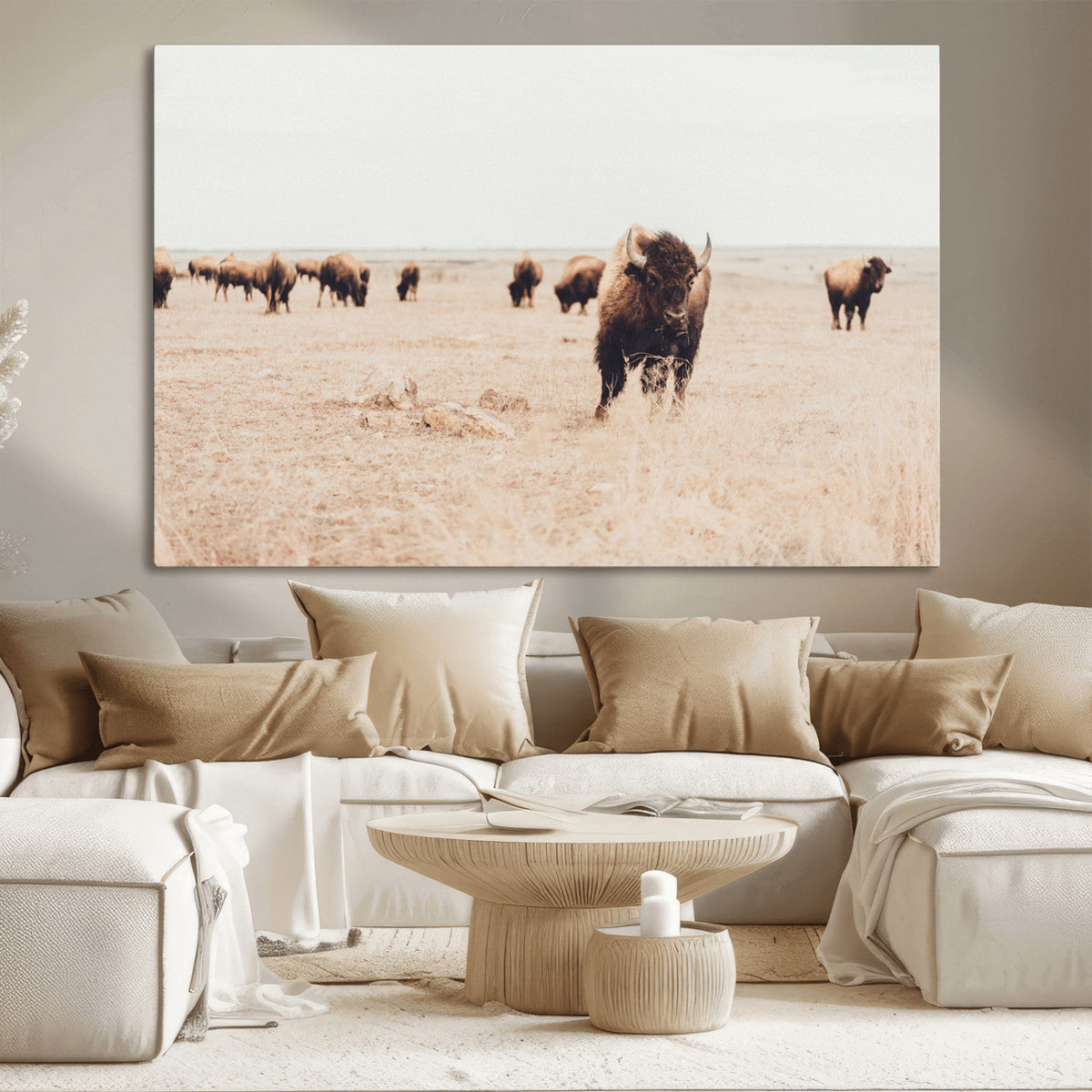 Bison Herd Wall Art Canvas Print, Framed Western Prairie Serenity