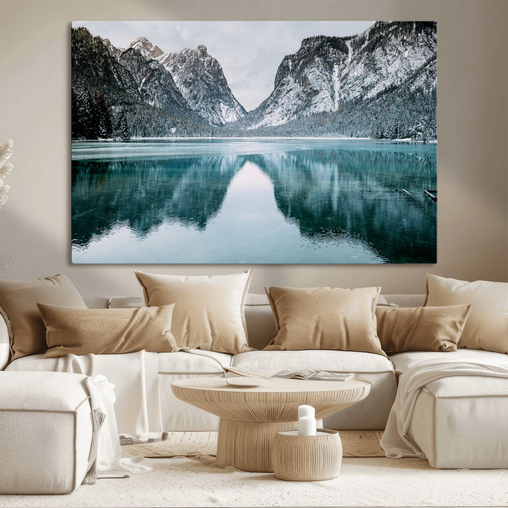 Mountain Lake Wall Art Canvas Print, Framed Toblacher See Winter Wonderland