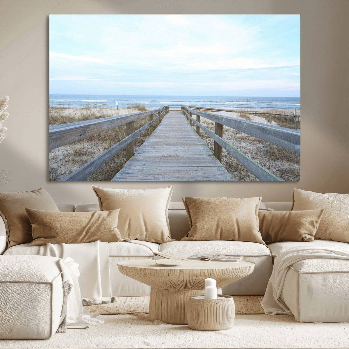 Beach Boardwalk Wall Art Canvas Print, Framed Coastal Serenity Ocean View