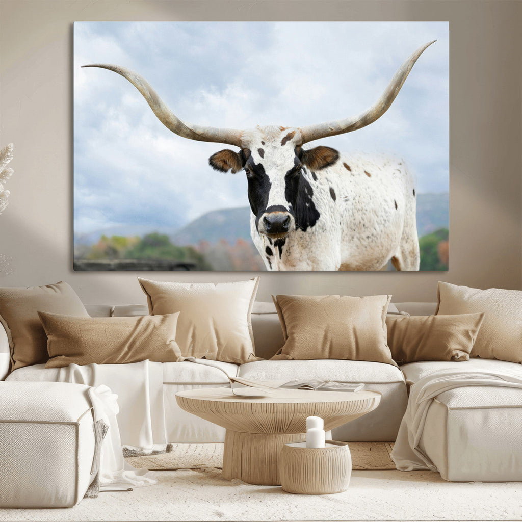 Texas Longhorn Wall Art Canvas Print, Framed Western Rustic Farmhouse