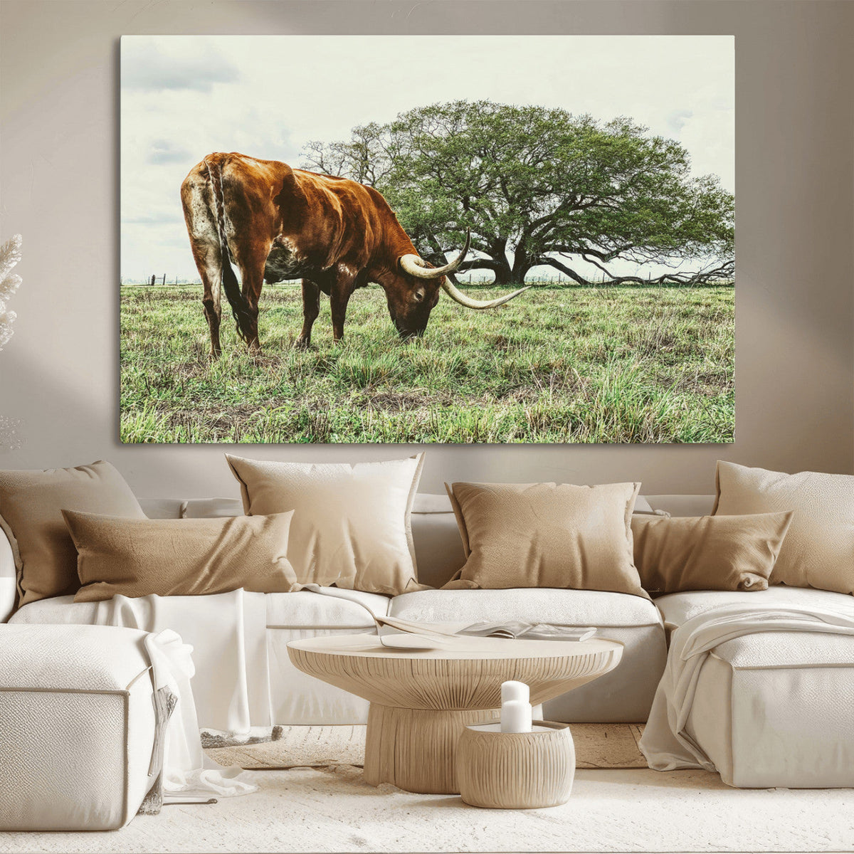 Texas Longhorn Wall Art Canvas Print, Framed Rustic Ranch Western Cattle
