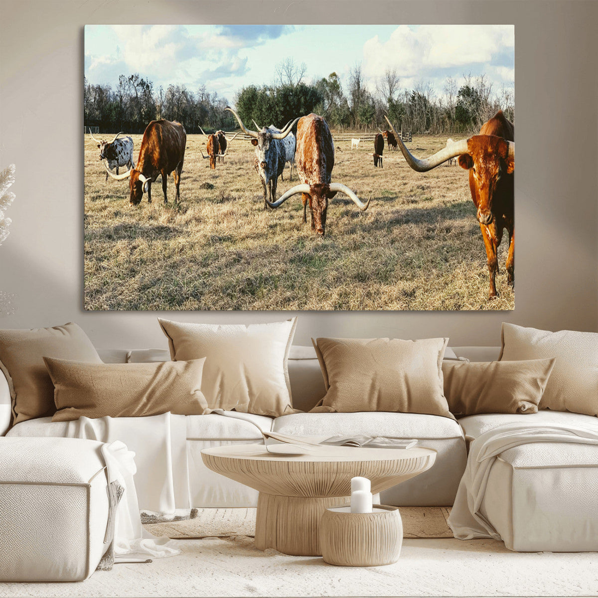 Texas Longhorns Wall Art Canvas Print, Framed Rustic Farm Scene Western Cattle