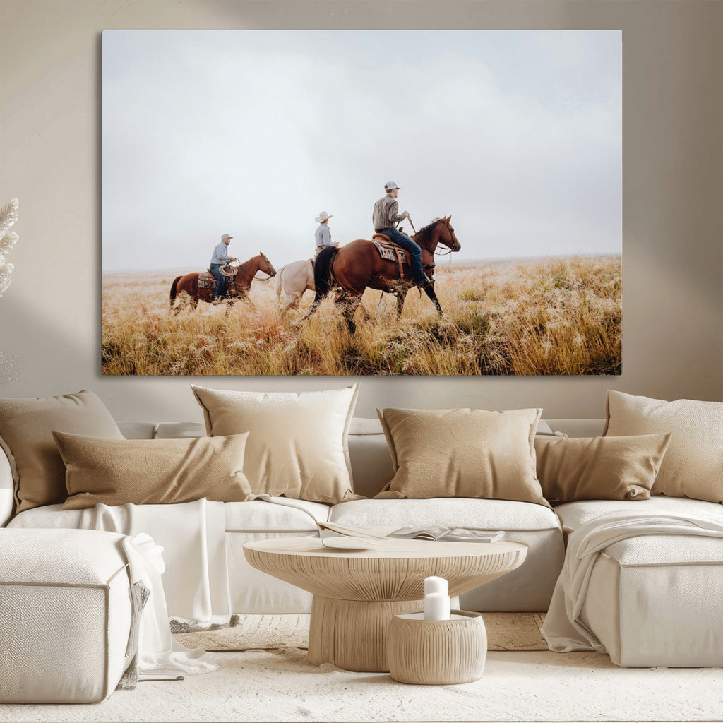 Western Cowboys Wall Art Canvas Print, Framed Horseback Riders on a Rustic Prairie