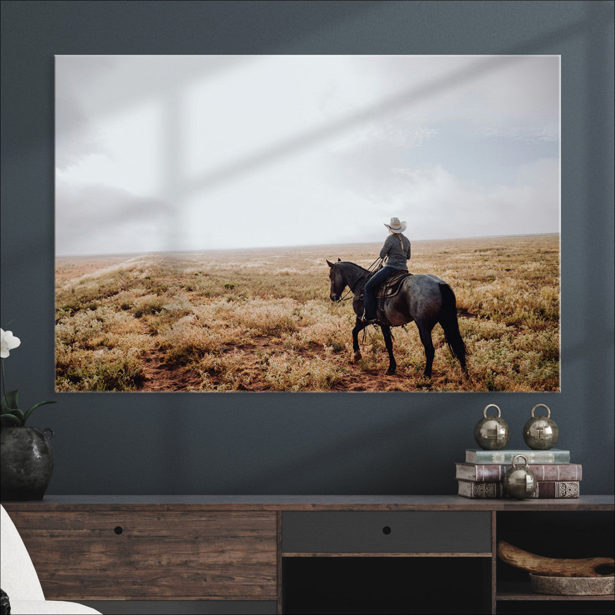 Cowboy Wall Art Canvas Print, Framed Western Rustic Ranch Scene