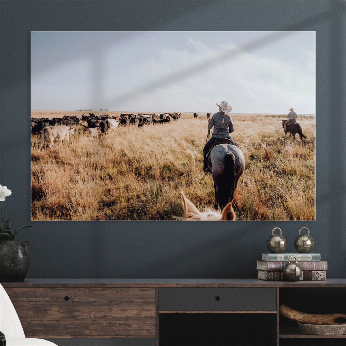 Western Wall Art Canvas Print, Framed Cowboy Cattle Drive Scene