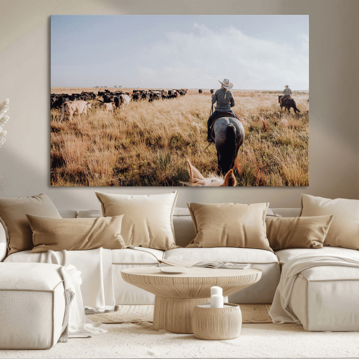 Western Wall Art Canvas Print, Framed Cowboy Cattle Drive Scene