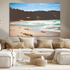 Tranquil Beach Wall Art Canvas Print, Framed Blue Ocean Waves on a Sandy Shore