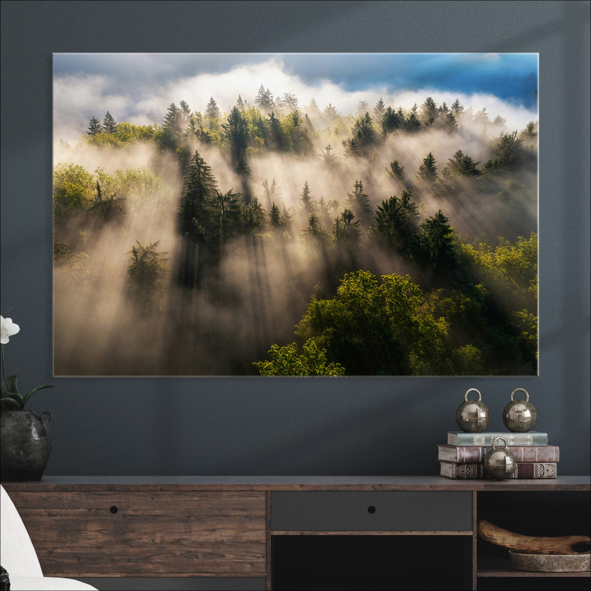 Tranquil Forest Scene Wall Art Canvas Print, Framed Moody Sunbeam Through Trees